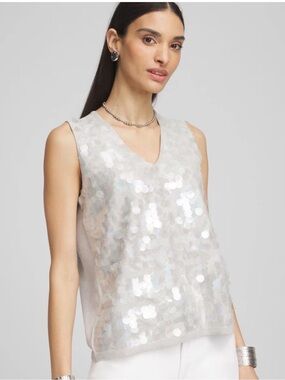 NWT Chico’s Iridescent Sleeveless V-Neck Sequin Tank - Silver